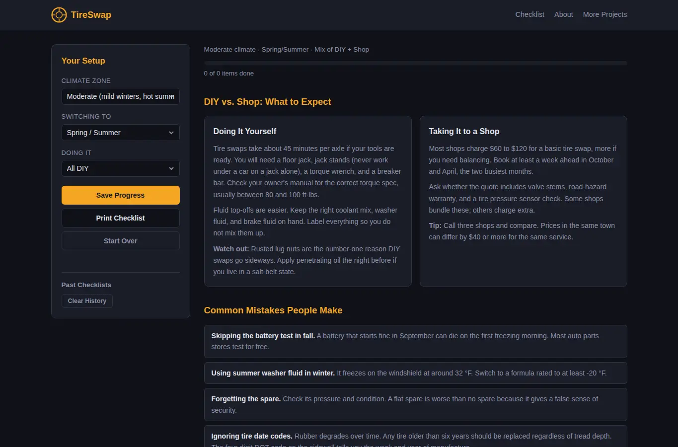 Screenshot of TireSwap: Seasonal Car Switchover Checklist interface showing the project page in use